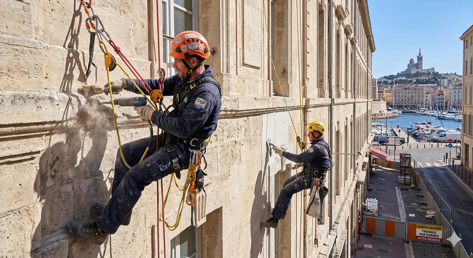 Cordiste professionnel réalisant un ravalement de façade